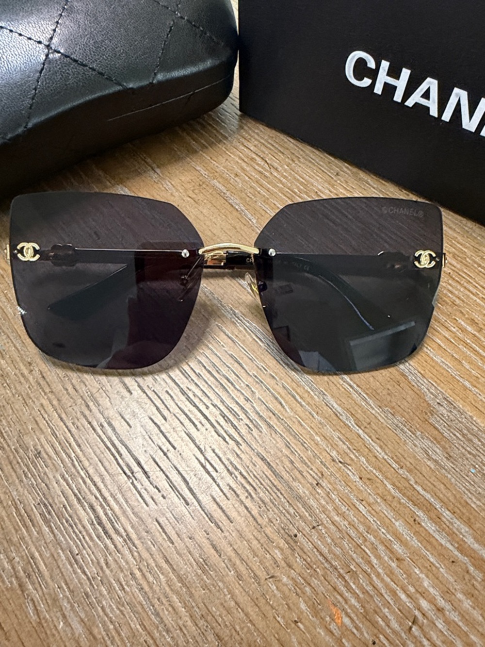 Chanel Black and Gold Square Rimless Sunglasses - Picture 2 of 10